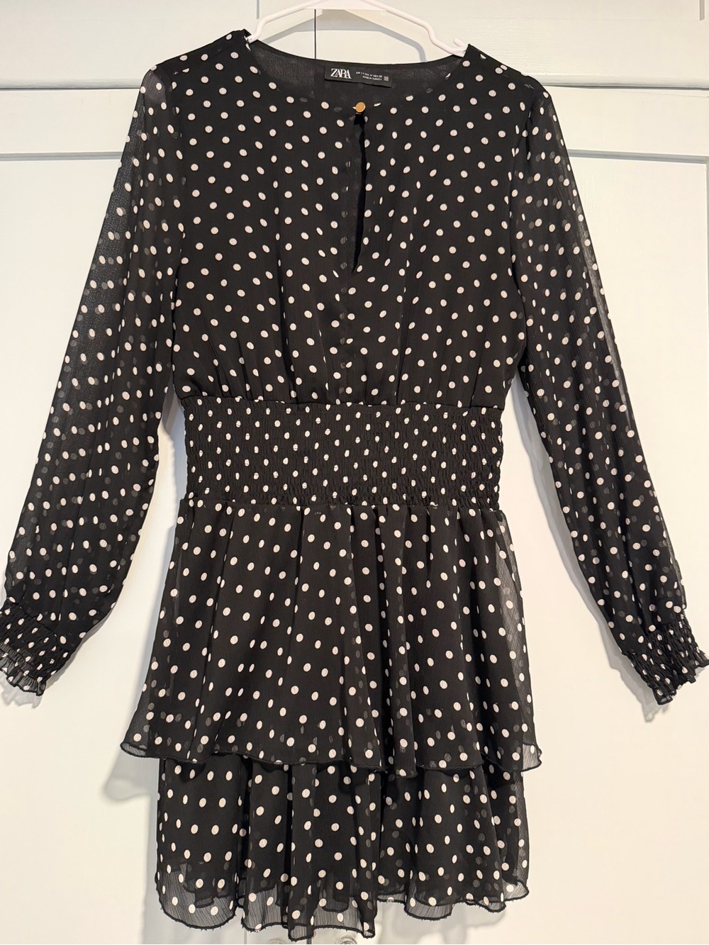 Zara Black Polka Dot Long Sleeve Tiered Dress, Size M EUC